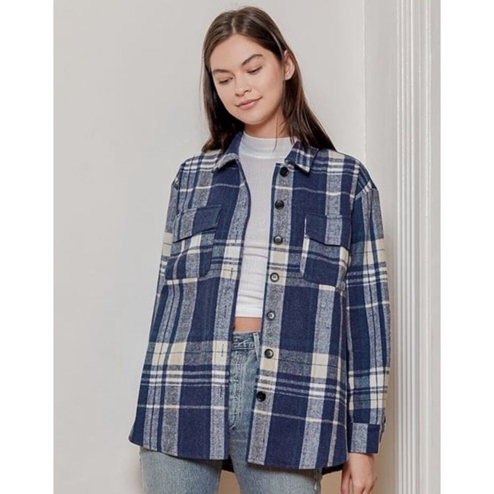 12th Tribe Fireside Flannel Jacket Women One Size Blue Plaid Oversize Wool Blend